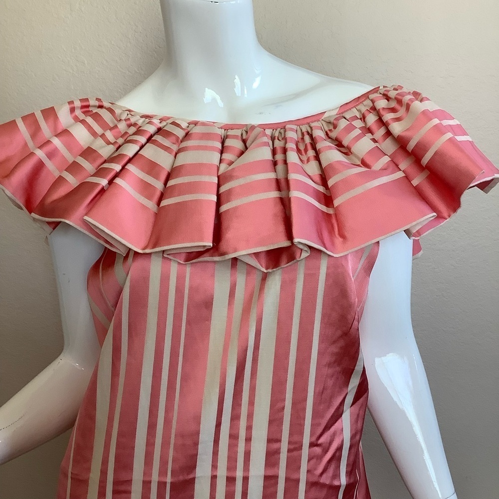 Trina Turk Coral Happy Elegant Coral Striped Ruffle Off-Shoulder Dress - Picture 7 of 11